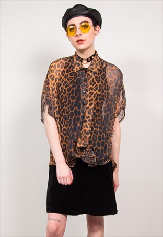 VINTAGE 90'S LEOPARD PRINT SHORT SLEEVE SHEER TIE SHIRT
