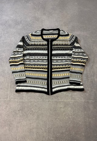 VINTAGE KNITTED CARDIGAN ABSTRACT PATTERNED ZIP UP KNIT 