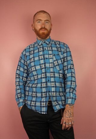 VINTAGE 1990S BLUE LARGE CHECK FLANNEL SHIRT