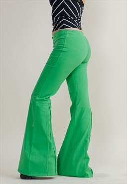 Vintage 00s Techno Wave Flare Green Belt&Zip Detail Trousers