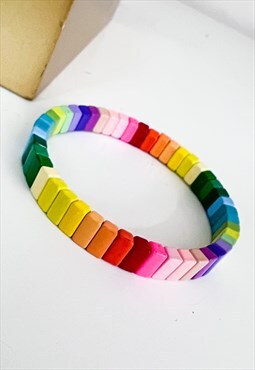 Rainbow Enamel Beaded Elasticated Bracelet