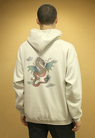 OVERSIZED SAND HOODIE WITH BOLD CHINESE DRAGON DESIGN PRINT