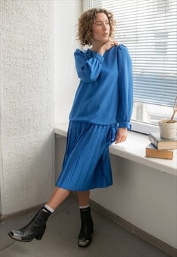 Vintage 80's Low Waist Pleated Dress In Blue