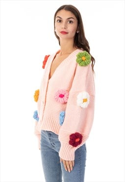 Chunky Handknit Floral Patten Cardigan in Pink