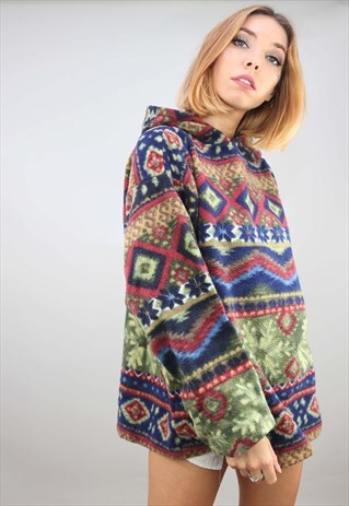 VINTAGE 90S OVERSIZED PATTERNED FESTIVAL FLEECE HOODIE