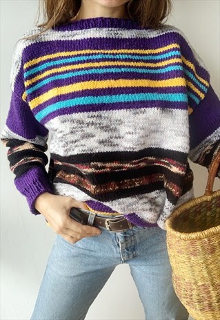 VINTAGE 80S HANDMADE MULTICOLOR STRIPED KNIT SLOUCHY JUMPER
