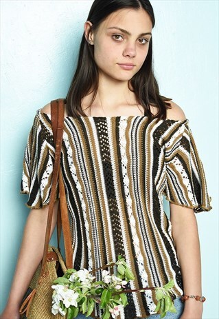 VINTAGE 90S KNITTED STRIPED ABSTRACT HAUTE BOHEME BLOUSE TOP