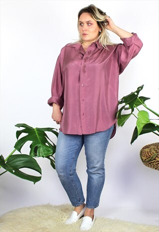 VINTAGE 1980'S PURPLE OVERSIZED SILK LONG SLEEVE SHIRT 16 18