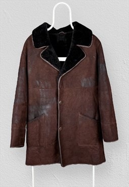 Vintage Real Sheepskin Coat Jacket Brown Mens Medium