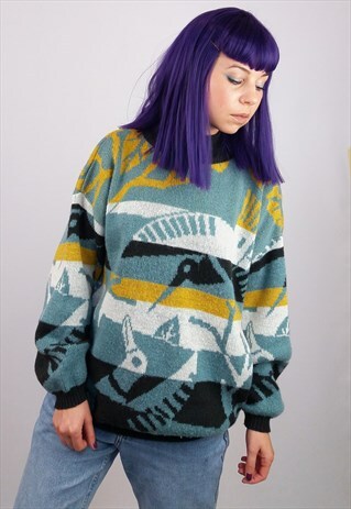 VINTAGE 80'S RETRO DUCKS PATTERN SWEATER BLUE YELLOW