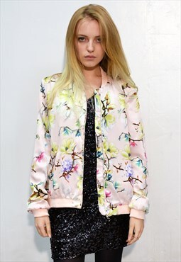 Spring Floral Print Silky Feeling bomber Jacket in pink 