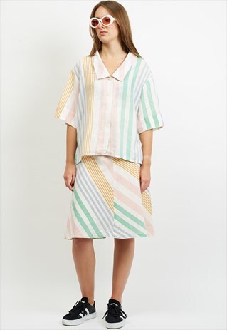 90S VINTAGE WHITE PINK GREEN STRIPED TWO PIECE MIDI DRESS