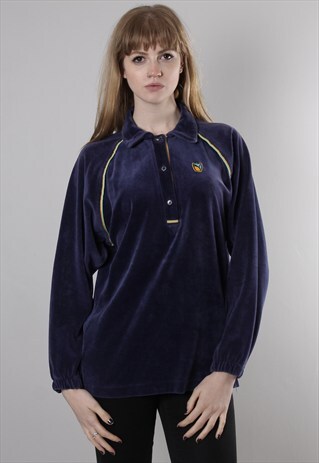 VINTAGE 90S PUMA BLUE CRUSHED VELVET COLLARED JUMPER