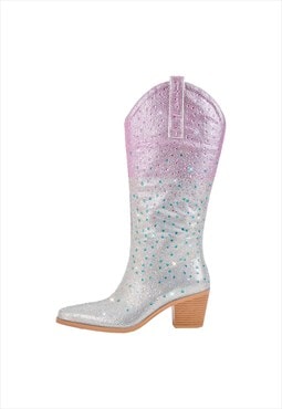 Rhinestone Chunky Heel Mid-calf Western Boots