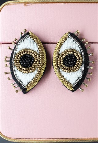 STATEMENT EVIL EYE BEADED HUGGIE EARRINGS, BLACK MINI STUDS