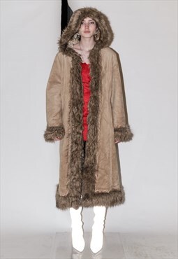 Vintage Y2K iconic hooded faux fur trim coat in sand beige