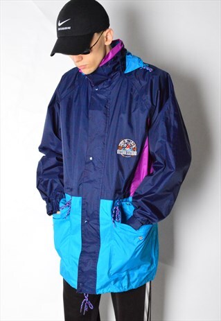 VINTAGE 80S BLUE COLOUR BLOCK RAIN COAT