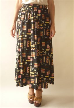 1990's Vintage Novelty Fruit Printed Bohemian Maxi Skirt