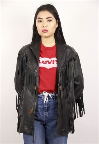 VINTAGE BLACK LEATHER FRINGED JACKET