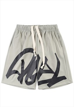 Graffiti print skater shorts premium utility pants in grey