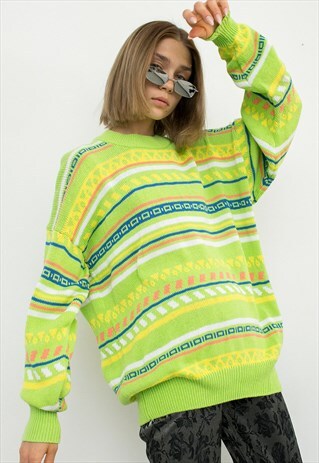 VINTAGE SWEATER OVERSIZE GREEN BRIGHT STRIPED RETRO PULLOVER