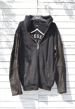 Diesel blue/black hoodie sweater jacket with leather sleeves