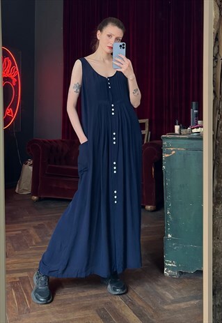 NAVY MAXI DRESS WITH POCKETS, BUTTON UP OVERSIZED DRESS