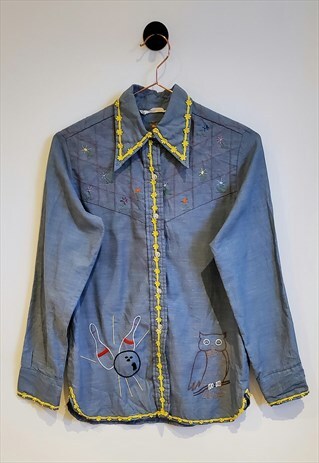 VINTAGE HAND EMBROIDERED DENIM OWL AND BOWLING SHIRT SIZE 8