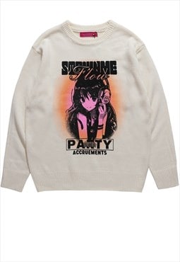 Anime sweater grunge slogan knitted jumper Kawaii top cream