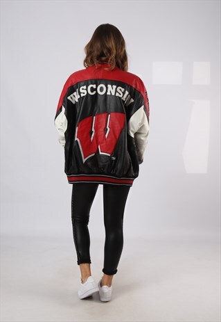 VINTAGE LEATHER BOMBER JACKET BADGERS USA FOOTBALL (CCG)