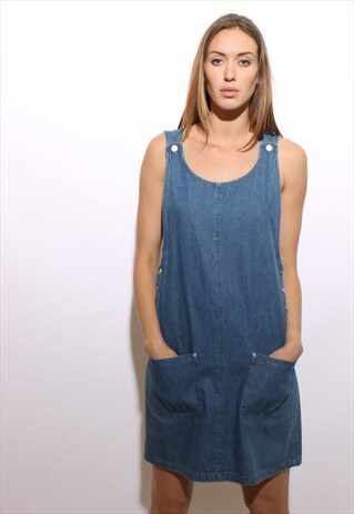 VINTAGE 1990'S 90'S DENIM JUMPER DRESS BLUE JEANS MINI M-L