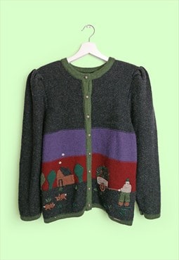 80's GEIGER Austria Wool Cardigan Embroidery Cottage Core