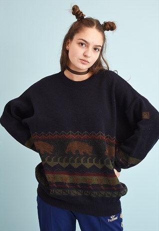 80'S RETRO OVERSIZED SLOUCHY NAVY WOOL KNIT JUMPER