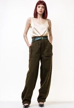 50s Vintage Wool Military Khaki High Waisted Trousers 5546