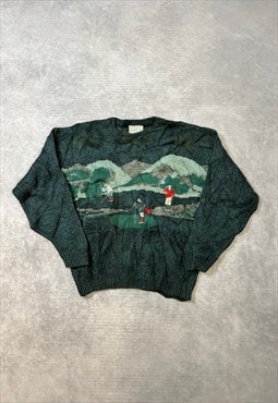 Vintage Knitted Jumper Embroidered Golfing Patterned Sweater