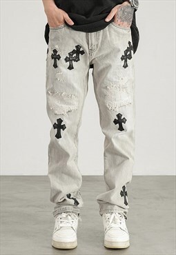 Grey Crosses embroidered Denim jeans pants trousers