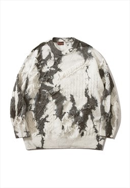Tie-dye sweater cable knitted jumper gradient pullover grey