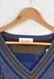 VINTAGE 80S KNITTED JUMPER PATTERNED BLUE MEDIUM