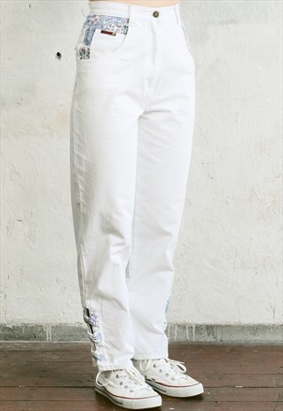 VINTAGE 80S WHITE FLORAL PRINT MOM JEANS