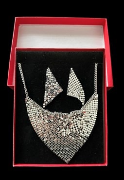  70's Chainmail Silver Metal Earrings and Necklace in Box