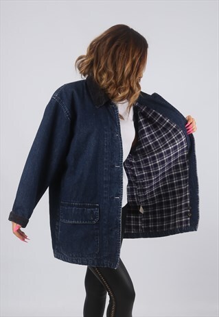 VINTAGE DENIM JACKET OVERSIZED LONGLINE CHECKED UK 14 (HDH)