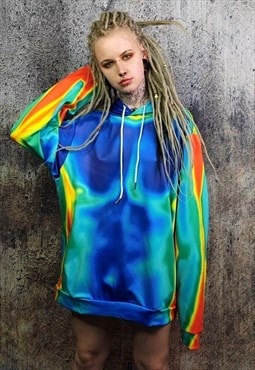 Body print hoodie thermal pullover raver jumper in acid blue