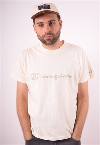 CHAMPION MENS VINTAGE T-SHIRT TOP LARGE BEIGE 90S