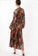RED GREEN LEAVES SCARF PRINT FULL PLEATED LONG SHIRT DRESS