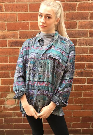 VINTAGE CRAZY PATTERNED SHIRT L/S OVERSIZED DRESS AZTEC L
