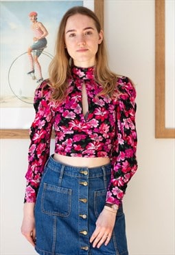 Bright pink and green floral crop top blouse