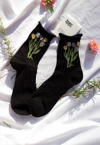 Black Netted Tulip Print Socks