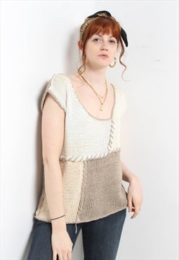 Vintage Y2K Thick Crochet Knit Vest Top Patchwork Beige