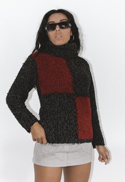 Vintage Y2k Patchwork Chunky Turtleneck Wool Jumper