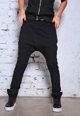 BLACK DROP CROTCH PANTS /LOOSE BLACK HAREM PANTS